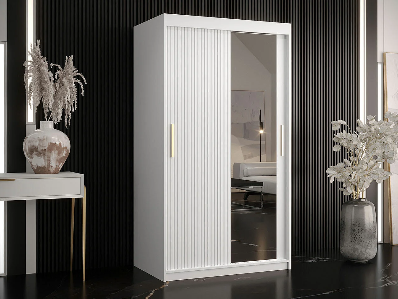 Armoire Elblaru 101, Blanc, 200x100x62cm, Portes d'armoire: Coulissantes