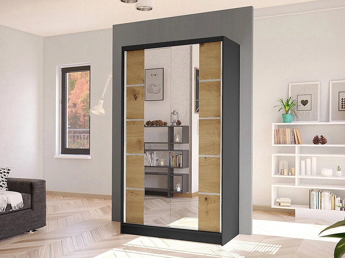 Armoire Closico 168, Noir|Chêne Artisan, 200x100x58cm, Portes d'armoire: Coulissantes