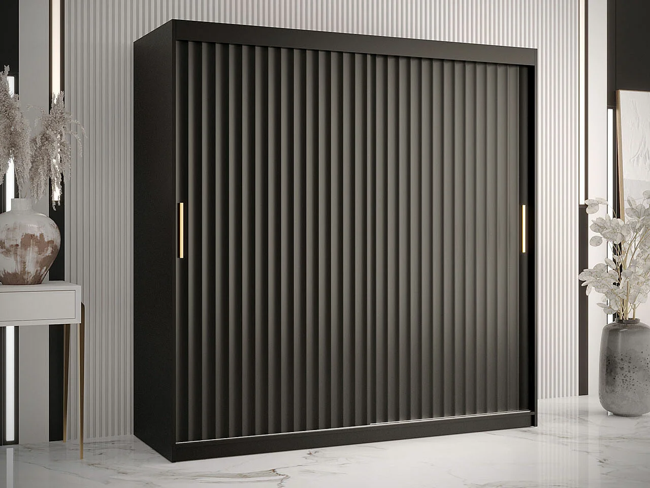Armoire Hartford 335, Noir, 200x180x62cm, Portes d'armoire: Coulissantes