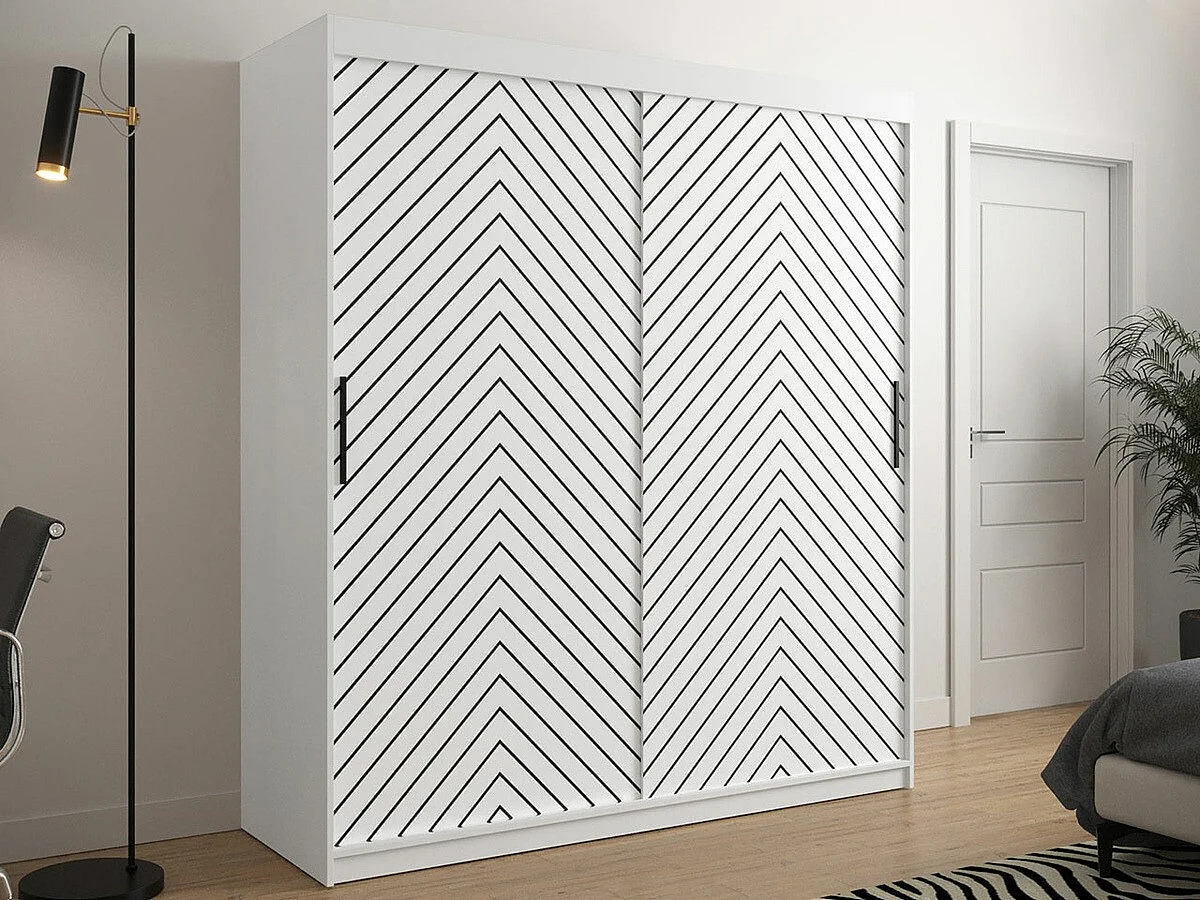 Armoire Hartford 312, Blanc|Noir, 200x180x62cm, Portes d'armoire: Coulissantes