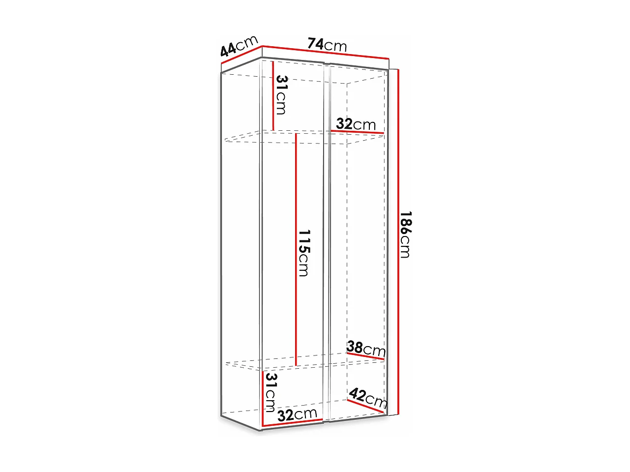 Armoire Hartford 395, Noir, 186x74x44cm, Portes d'armoire: Avec des charnières