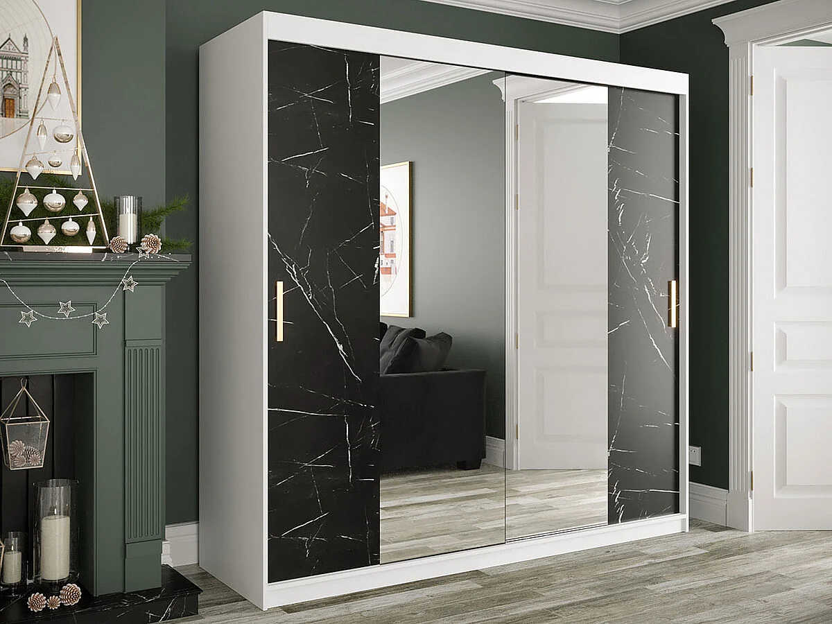 Armadio Hartford 256, Opaca bianco|Marmo nero, 200x200x62cm, Porte armadi: Scorrevoli