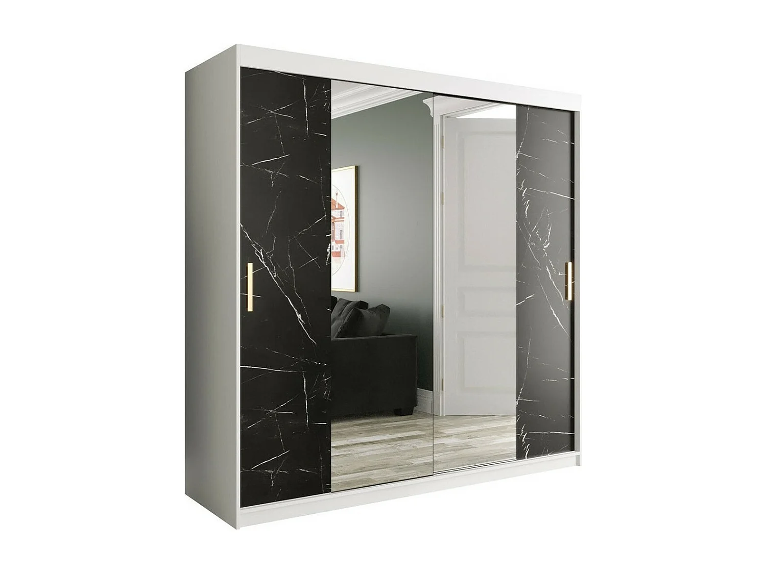 Armadio Hartford 256, Opaca bianco|Marmo nero, 200x200x62cm, Porte armadi: Scorrevoli