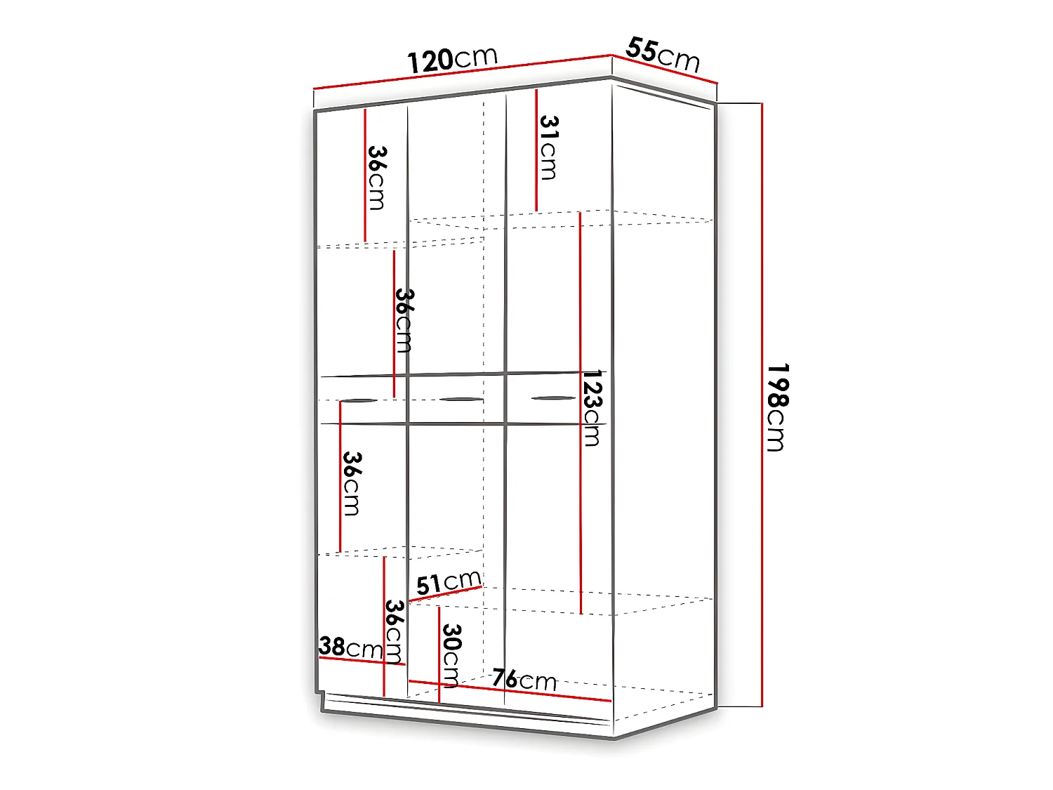 Armario Salmere 107, Blanco|Blanco brillante, 198x120x55cm, Número de estantes: 6