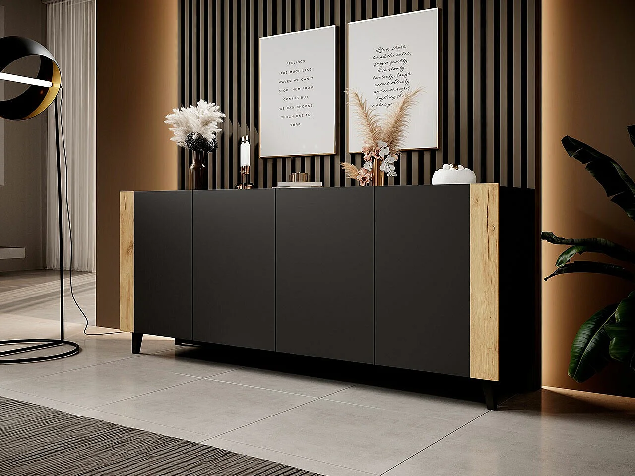 Buffet Charlotte 183, Noir|Craft chêne, 83x201cm, Le nombre de portes: 442cm