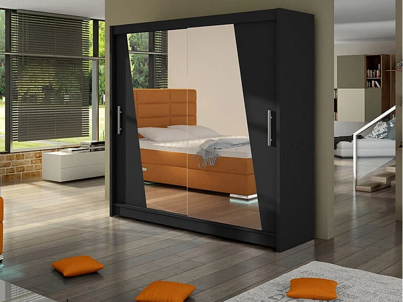 Armario Closico 144, Negro, 215x180x58cm, Puertas de armario: Correderas