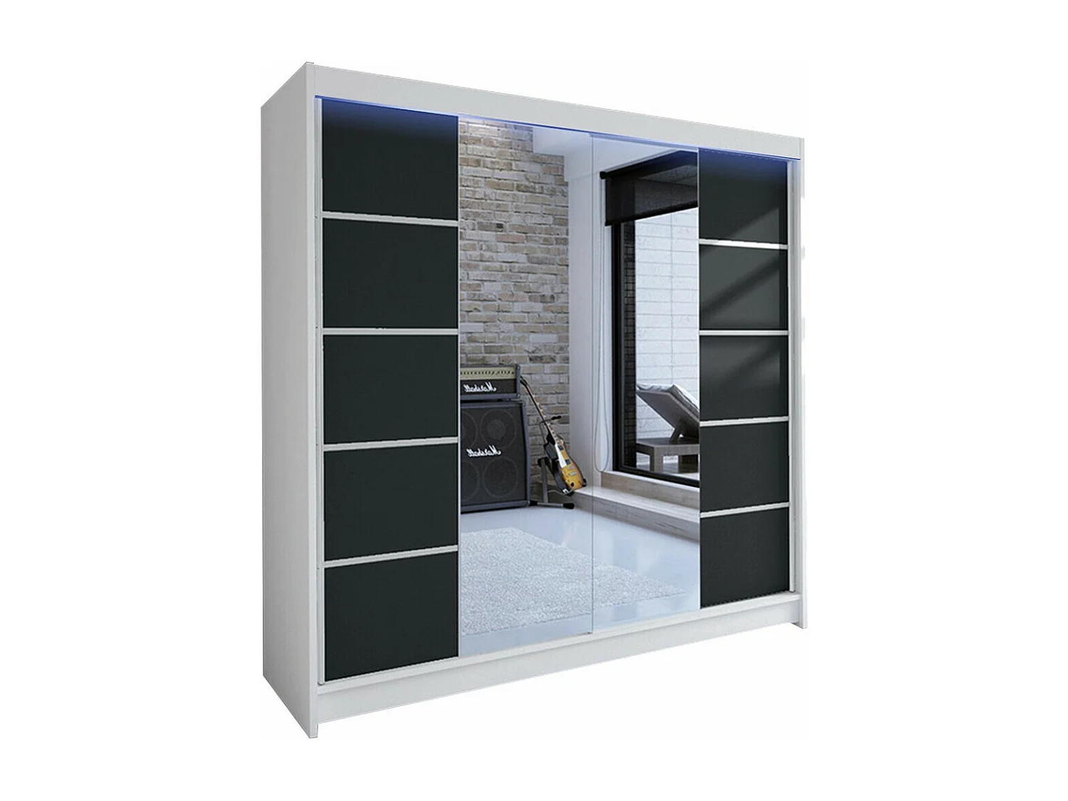 Armoire Closico 154, Noir|Blanc, 215x180x58cm, Portes d'armoire: Coulissantes