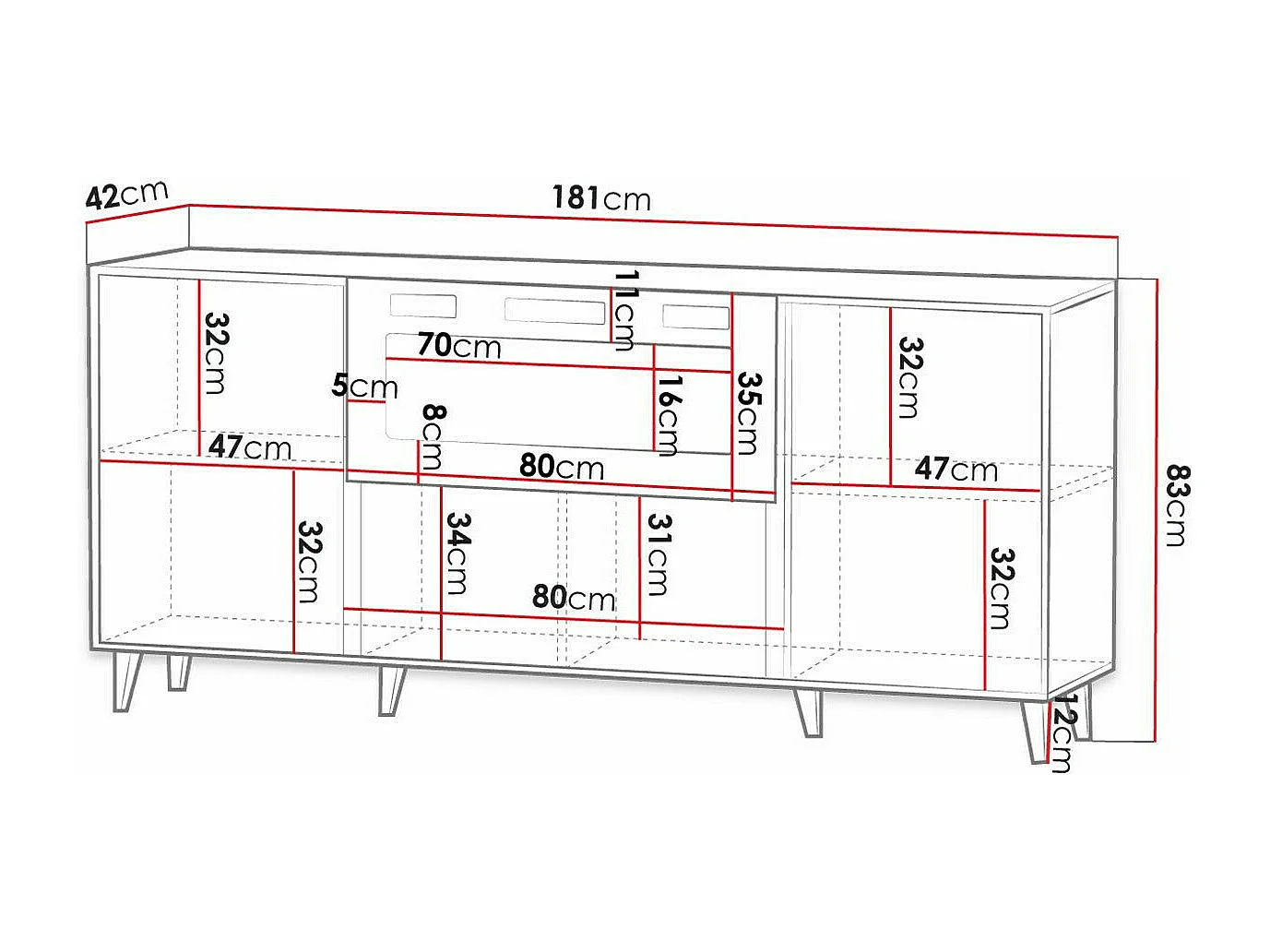 Buffet Levmari 104, Blanc|Noir, 83x181cm, Le nombre de portes: 242cm, MDF|Stratifié