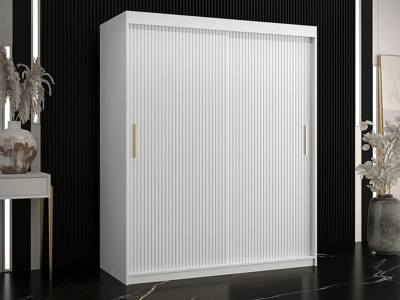 Armoire Hartford 399, Blanc, 200x150x62cm, Portes d'armoire: Coulissantes