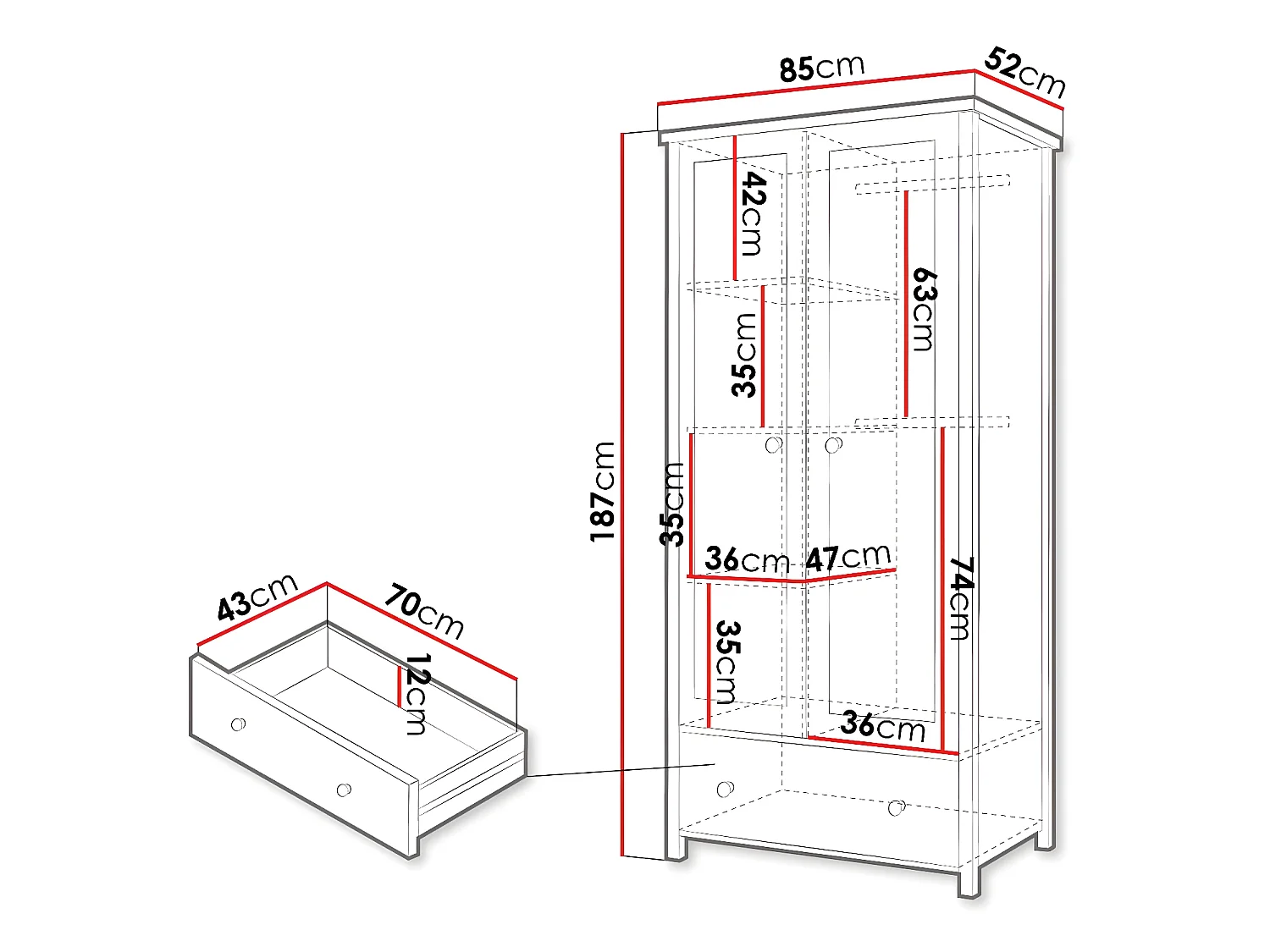 Armoire Romelbo 112, Blanc|Chêne, 187x85x52cm, Portes d'armoire: Avec des charnières