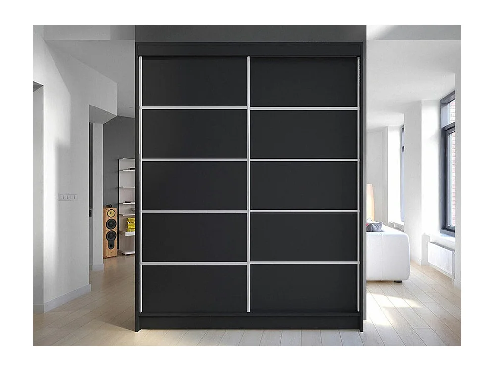 Armoire Closico 145, Noir, 200x150x58cm, Portes d'armoire: Coulissantes