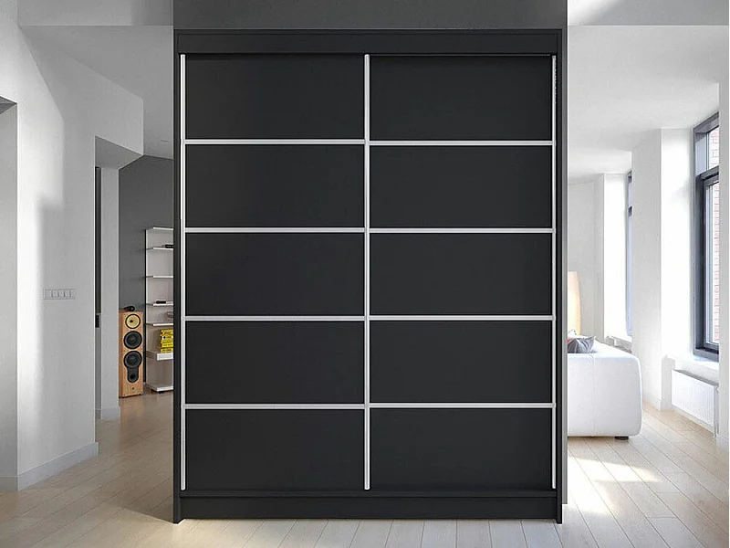 Armoire Closico 145, Noir, 200x150x58cm, Portes d'armoire: Coulissantes