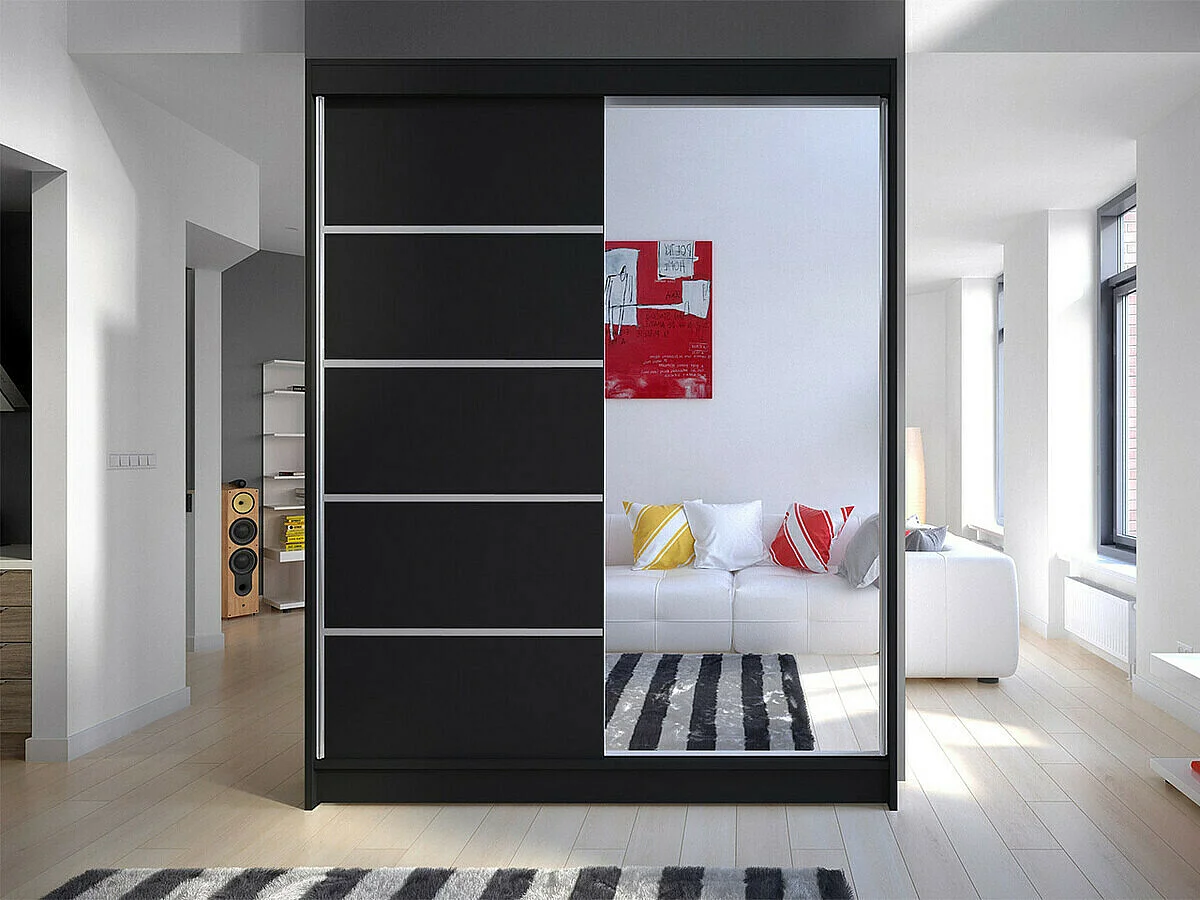 Armoire Closico 143, Noir, 200x150x58cm, Portes d'armoire: Coulissantes