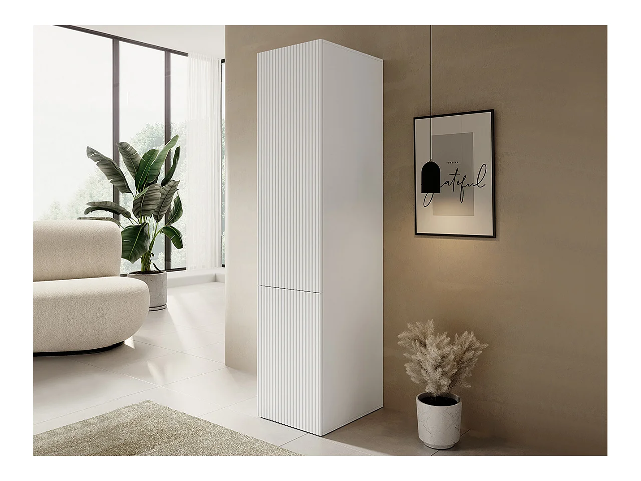 Étagère Levmari 113, Avec des portes|Fermé, Stratifié|MDF, 199x45x56cm, Blanc