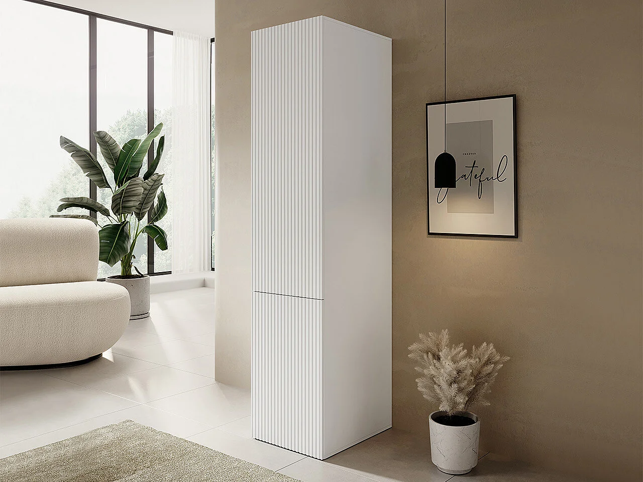 Étagère Levmari 113, Fermé|Avec des portes, MDF|Stratifié, 199x45x56cm, Blanc