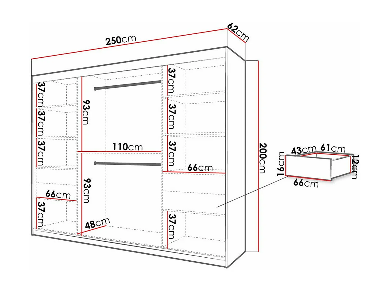 Armario Hartford 317, Negro|Blanco, 200x250x62cm, Puertas de armario: Correderas