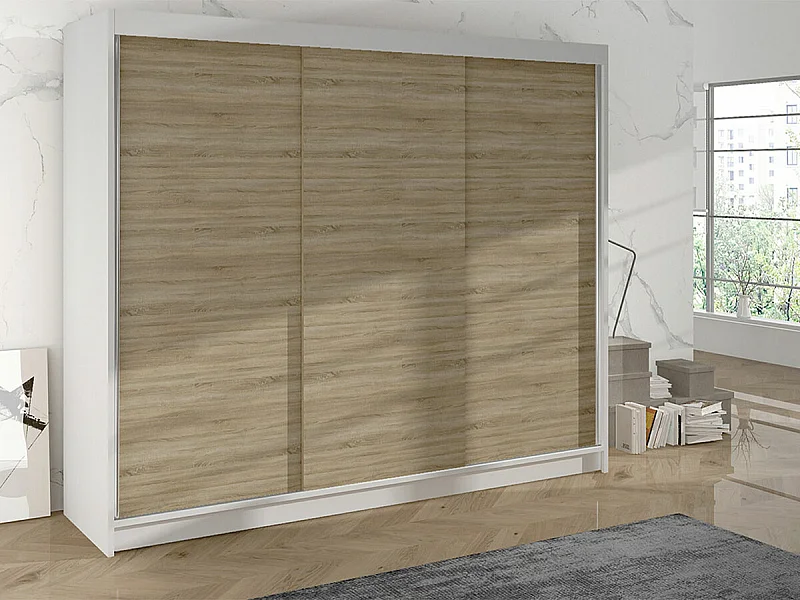 Armoire Closico 159, Sonoma chêne|Blanc, 215x200x58cm, Portes d'armoire: Coulissantes