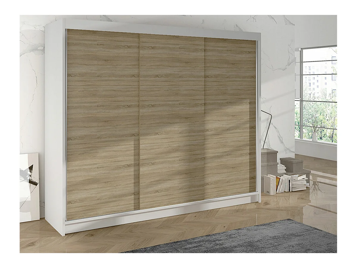 Armoire Closico 159, Sonoma chêne|Blanc, 215x200x58cm, Portes d'armoire: Coulissantes