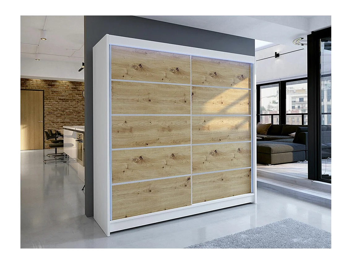 Armoire Closico 153, Chêne Artisan|Blanc, 215x180x58cm, Portes d'armoire: Coulissantes