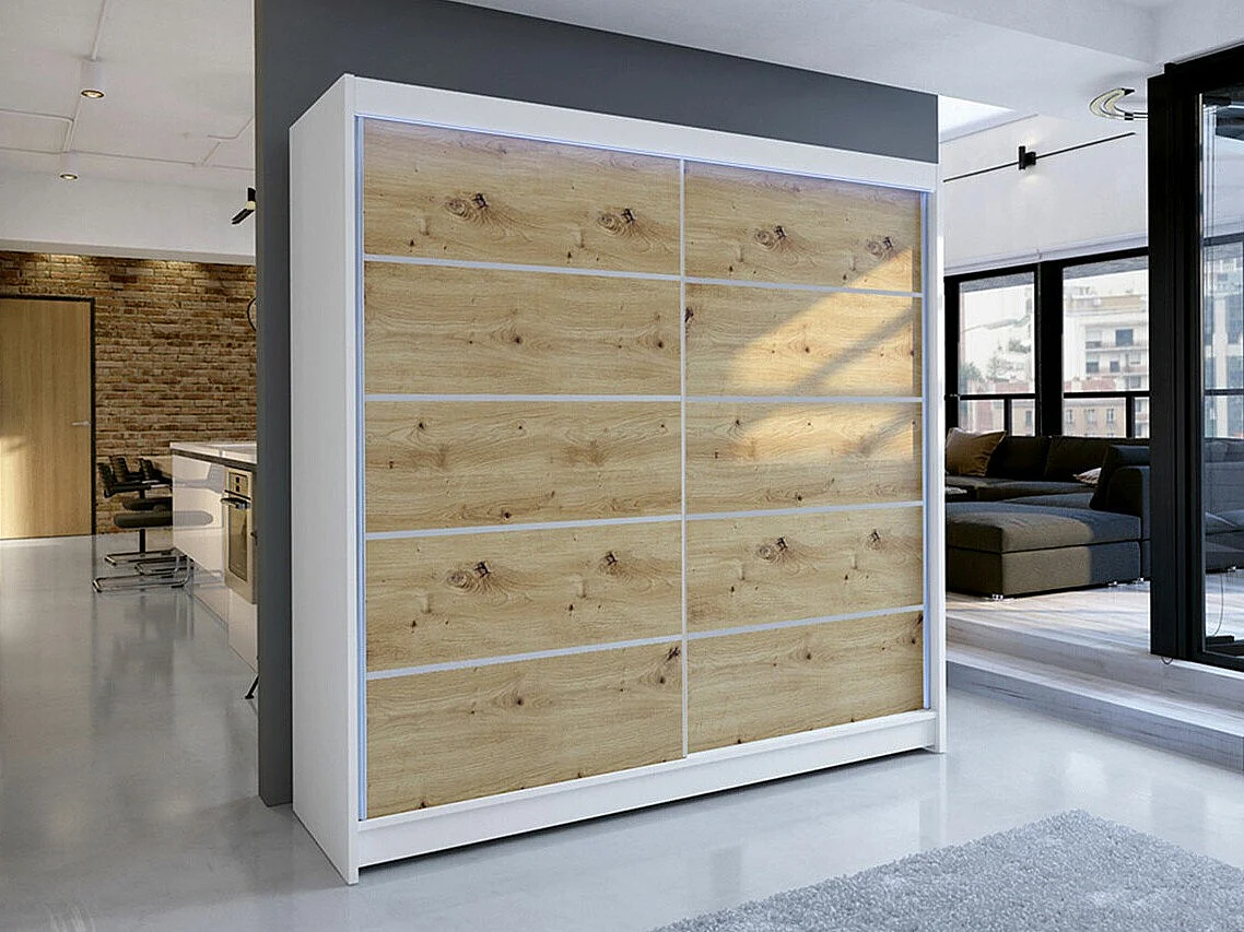 Armoire Closico 153, Chêne Artisan|Blanc, 215x180x58cm, Portes d'armoire: Coulissantes
