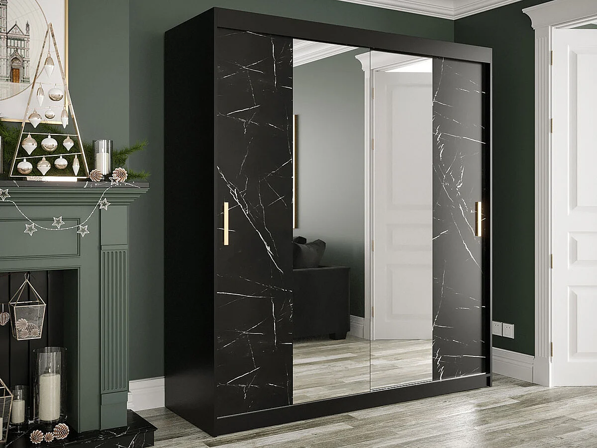 Armadio Hartford 255, Marmo nero|Nero opaco, 200x180x62cm, Porte armadi: Scorrevoli