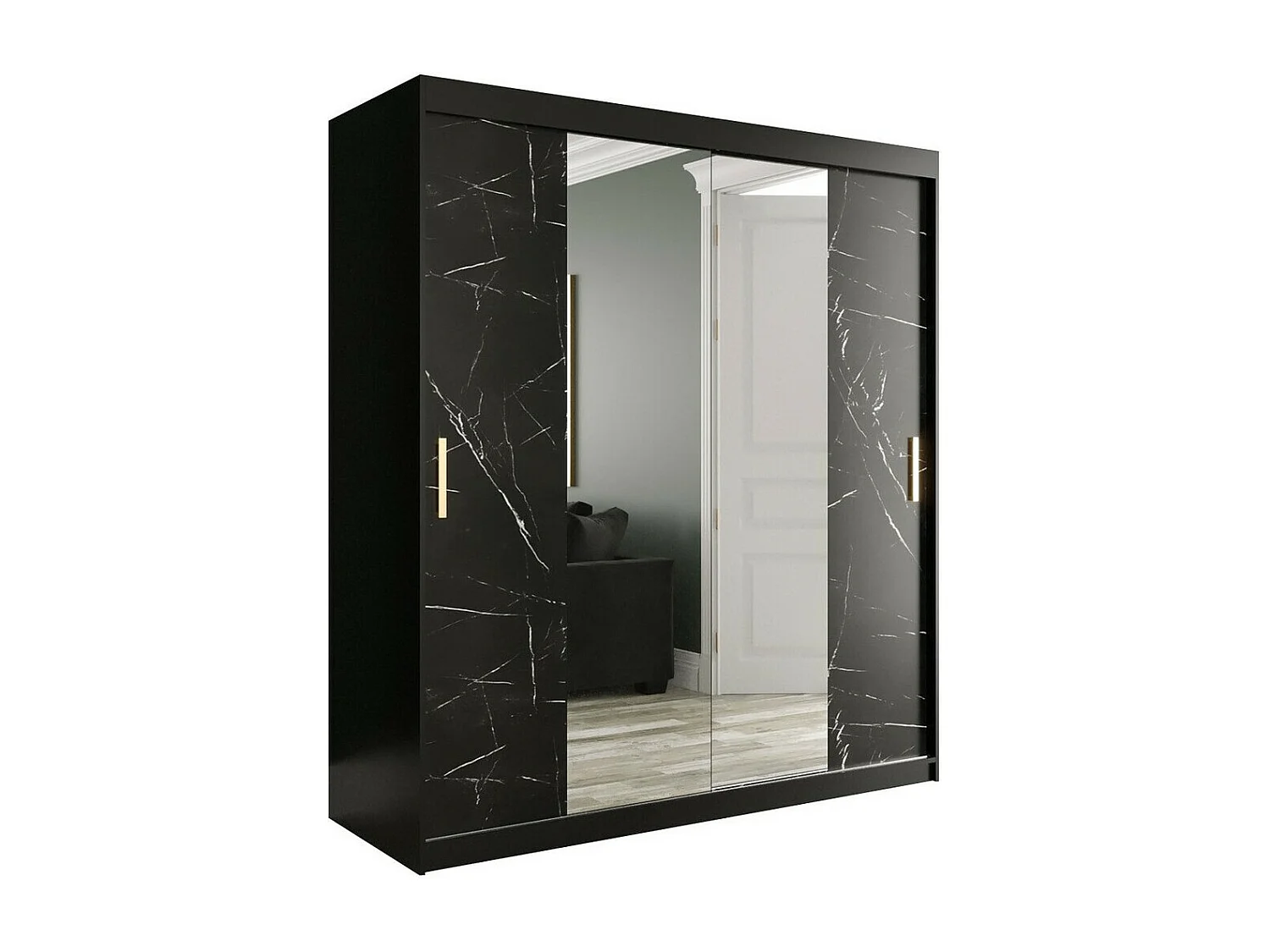 Armadio Hartford 255, Marmo nero|Nero opaco, 200x180x62cm, Porte armadi: Scorrevoli