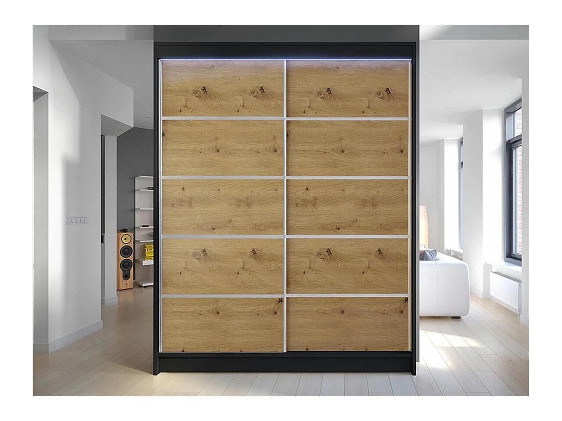 Armario Closico 145, Roble Artisan|Negro, 200x150x58cm, Puertas de armario: Correderas