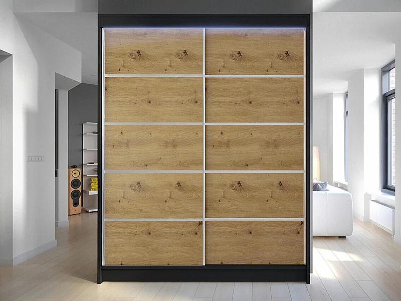 Armoire Closico 145, Chêne Artisan|Noir, 200x150x58cm, Portes d'armoire: Coulissantes