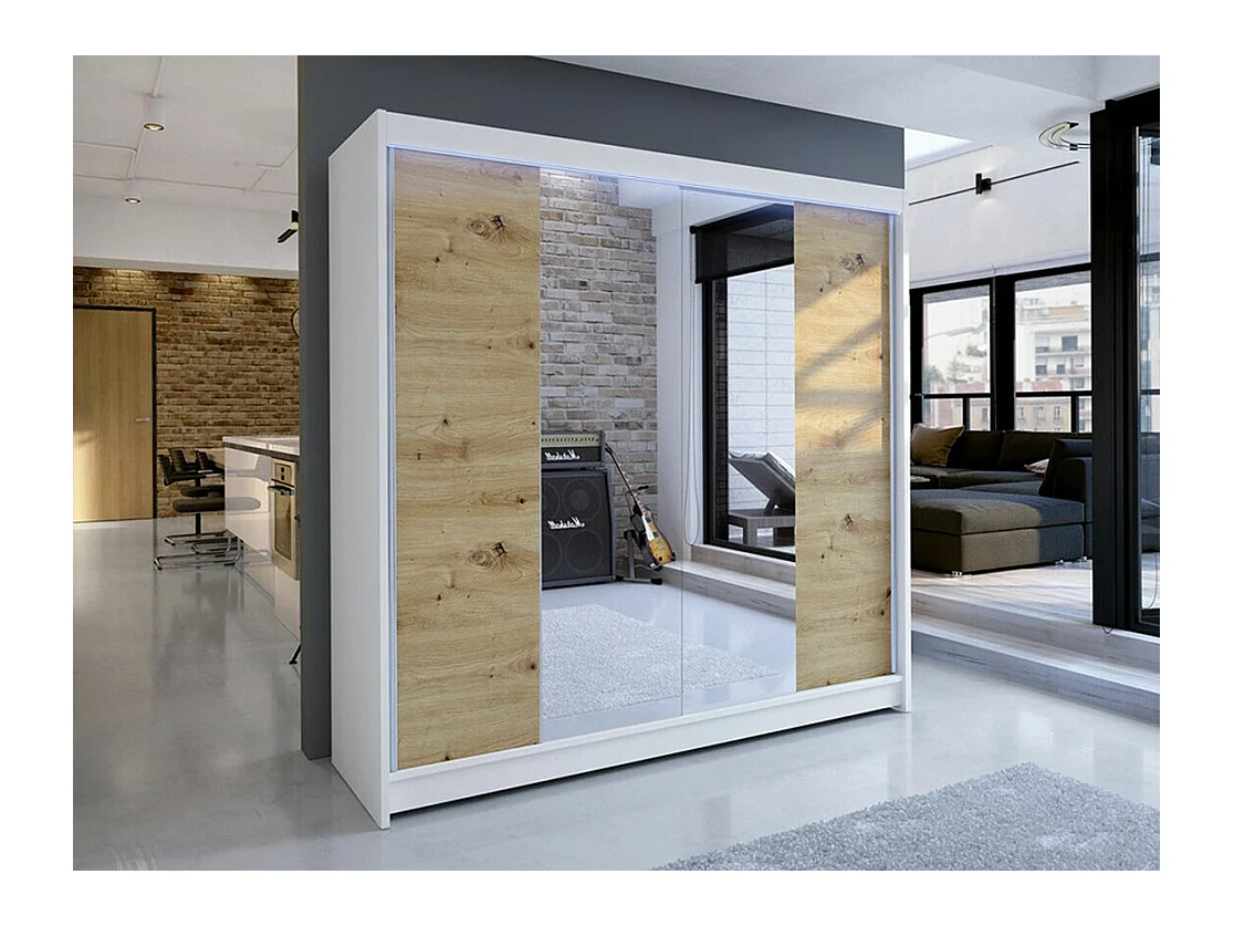 Armario Closico 138, Blanco|Roble Artisan, 215x180x58cm, Puertas de armario: Correderas