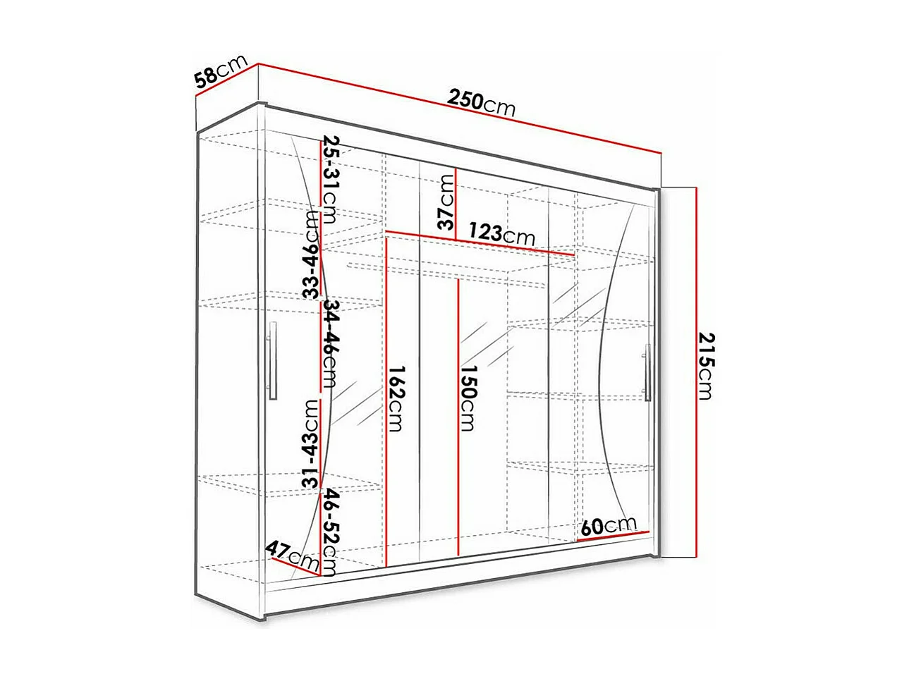 Armoire Closico 120, Blanc, 215x250x58cm, Portes d'armoire: Coulissantes