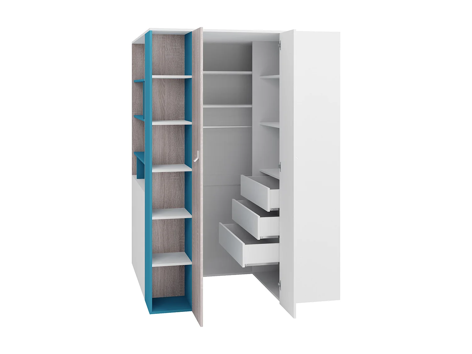 Armoire d'angle Camteso 113, Blanc|Turquoise|Chêne, 190x135x135cm, Nombre d'étagères: 12