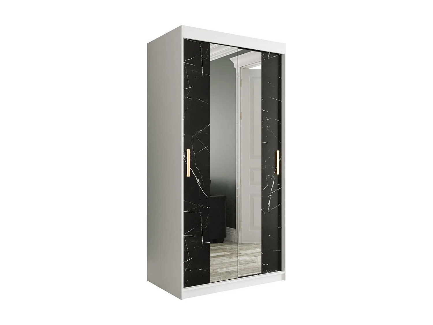 Armadio Hartford 252, Opaca bianco|Marmo nero, 200x100x62cm, Porte armadi: Scorrevoli
