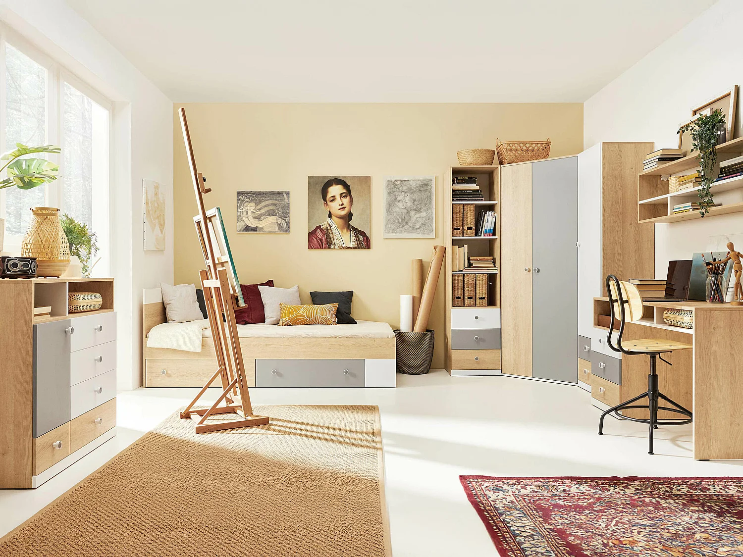 Armoire Tesmonu 102, Gris|Blanc|Chêne, 190x80x50cm, Portes d'armoire: Avec des charnières