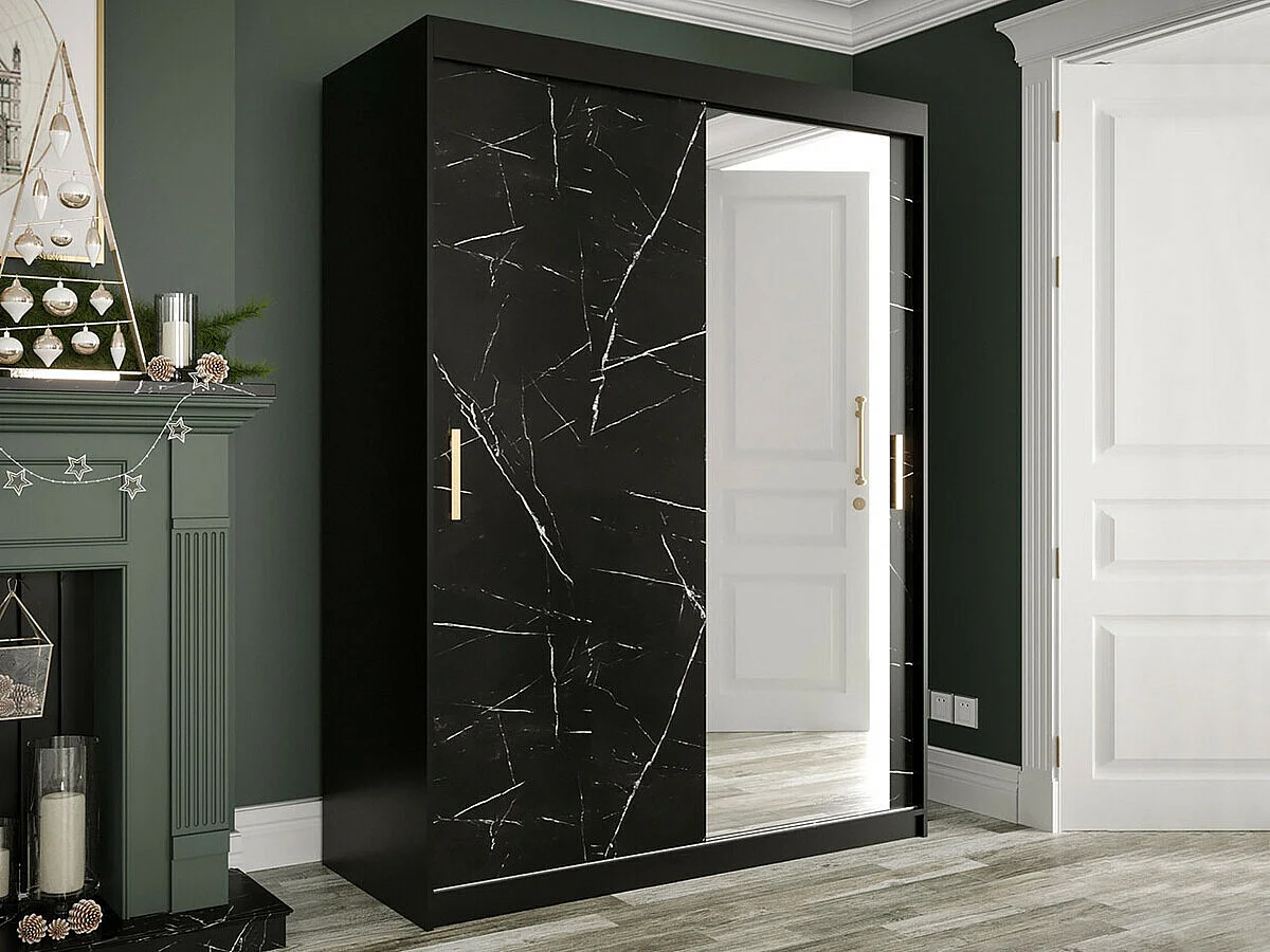 Armadio Hartford 260, Marmo nero|Nero opaco, 200x150x62cm, Porte armadi: Scorrevoli