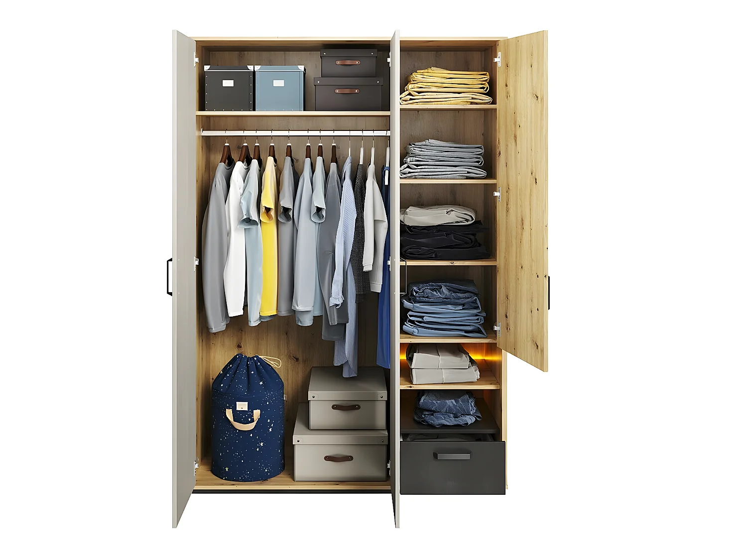 Armoire Orlveno 101, Noir|Chêne Artisan|Gris, 195x130x52cm, Nombre d'étagères: 6