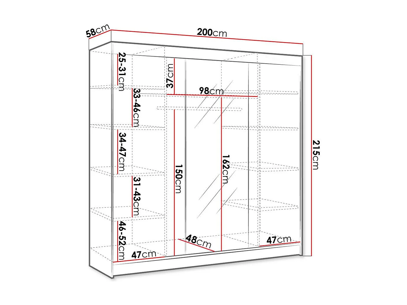 Armoire Closico 158, Blanc, 215x200x58cm, Portes d'armoire: Coulissantes
