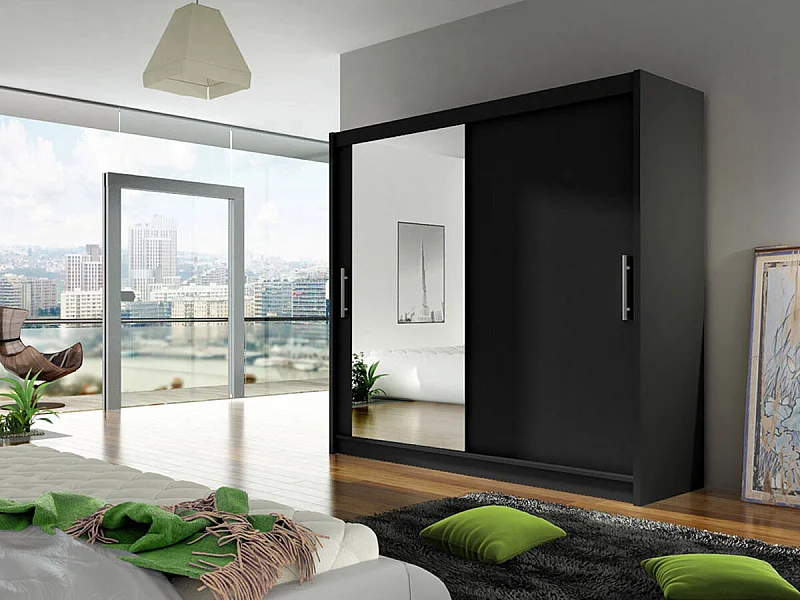 Armario Closico 107, Negro, 215x180x58cm, Puertas de armario: Correderas