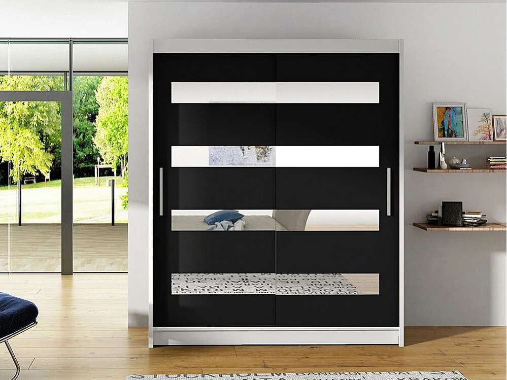 Armoire Closico 136, Noir|Blanc, 200x150x58cm, Portes d'armoire: Coulissantes