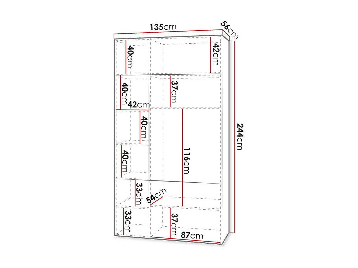 Armoire Levmari 114, Blanc, 244x135x56cm, Portes d'armoire: Avec des charnières