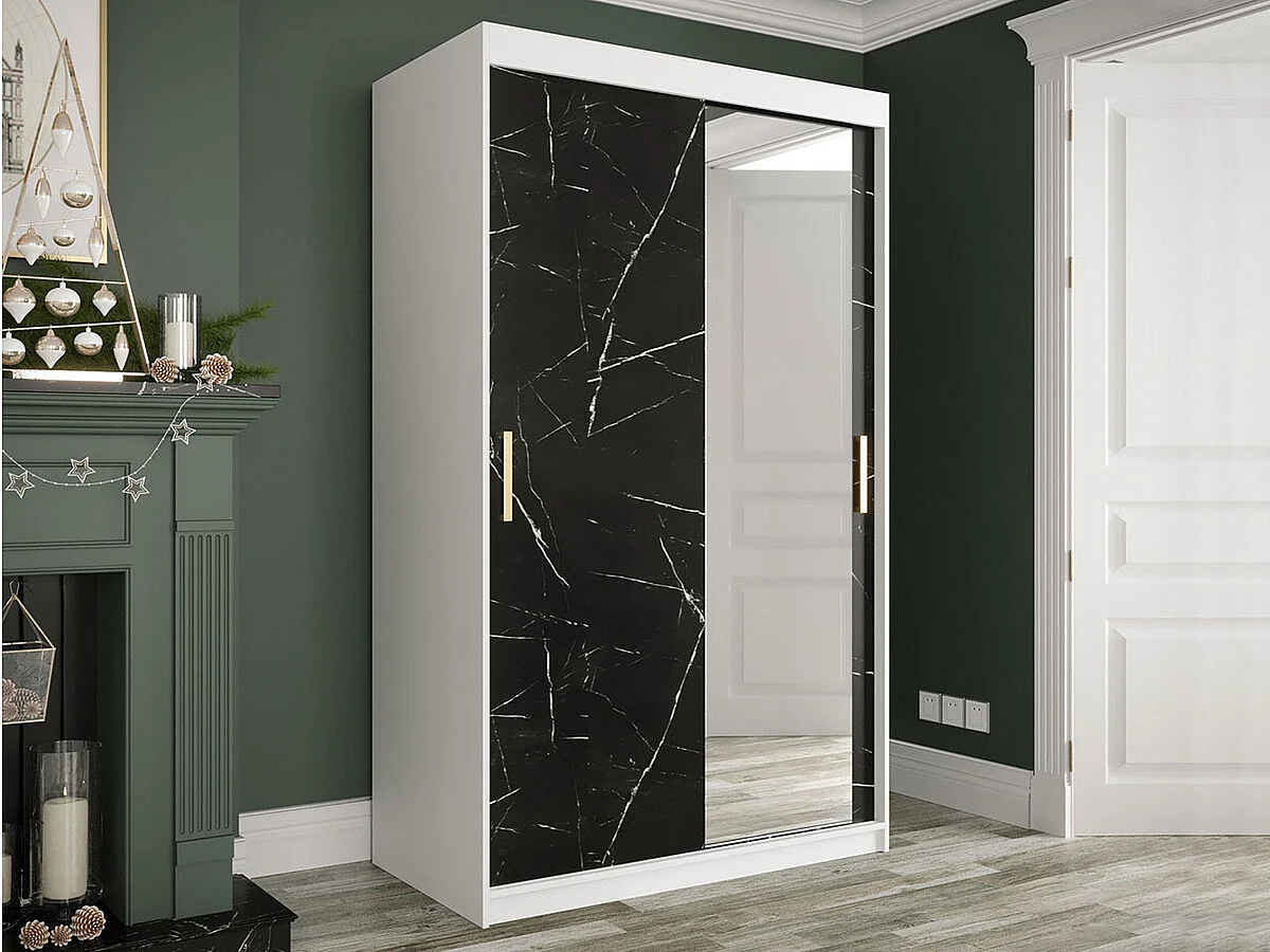 Armadio Hartford 259, Marmo nero|Opaca bianco, 200x120x62cm, Porte armadi: Scorrevoli