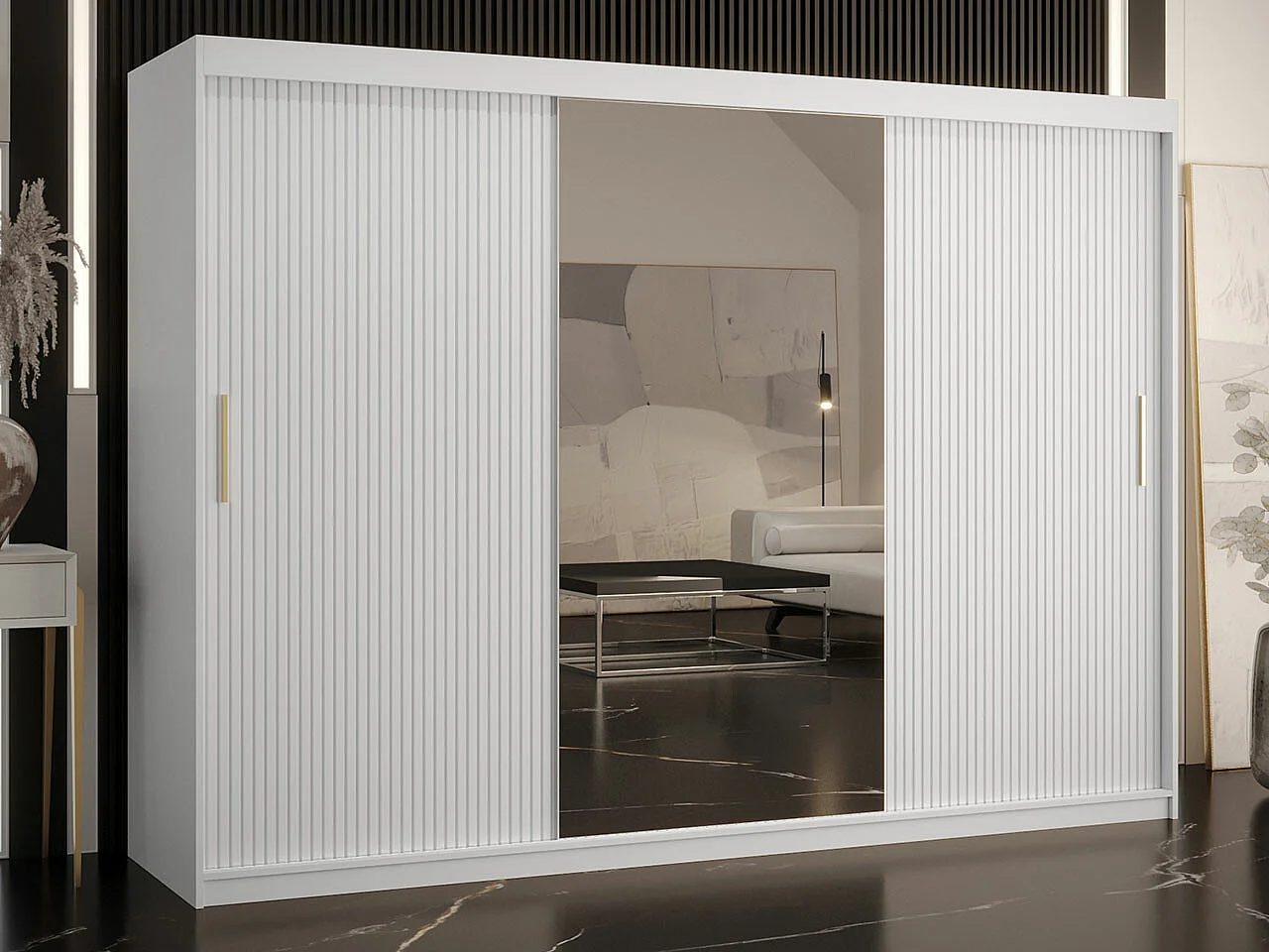 Armoire Elblaru 103, Blanc, 200x250x62cm, Portes d'armoire: Coulissantes