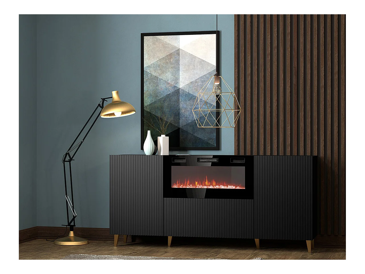 Buffet Levmari 104, Doré|Noir, 83x181cm, Le nombre de portes: 242cm, Stratifié|MDF
