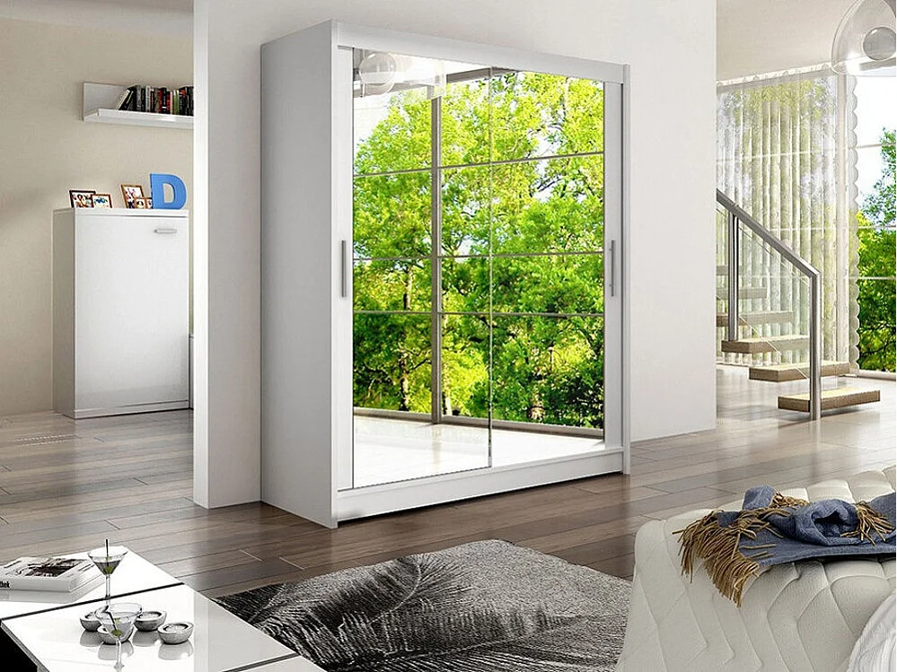 Armoire Closico 127, Blanc, 200x150x58cm, Portes d'armoire: Coulissantes