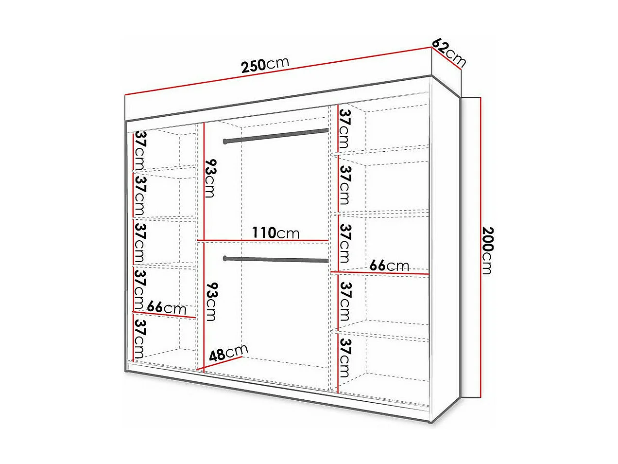 Armario Hartford 339, Negro, 200x250x62cm, Puertas de armario: Correderas