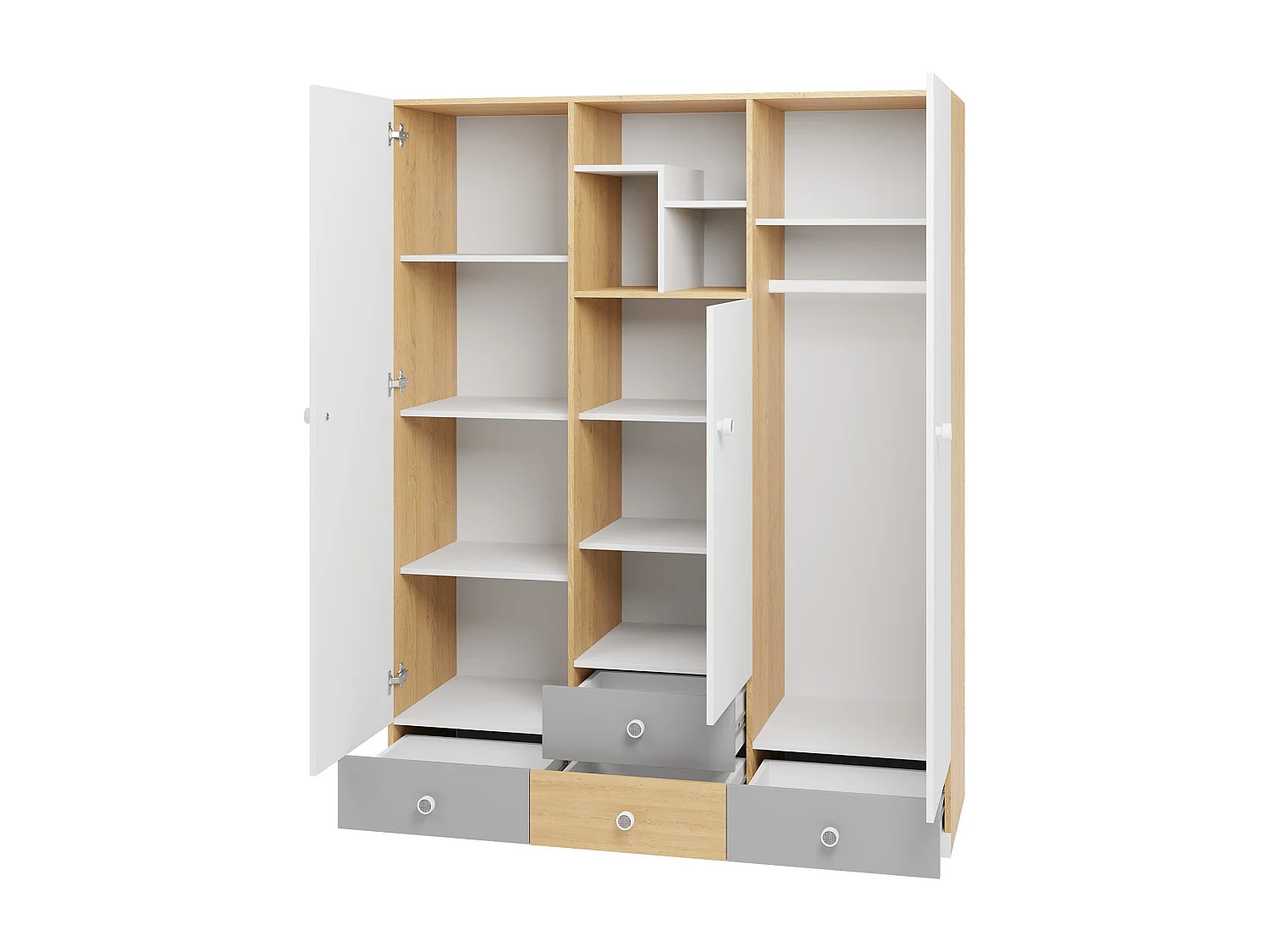 Armadio Tesmonu 100, Bianco|Quercia|Grigio, 190x150x50cm, Porte armadi: Battenti