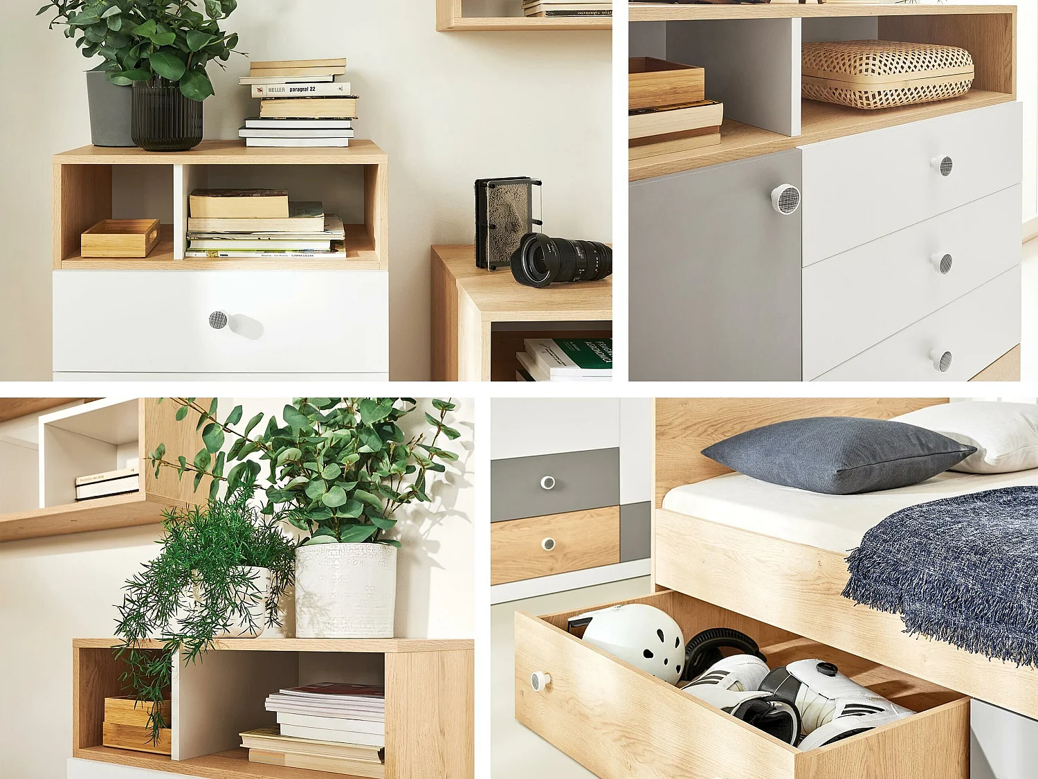 Armadio Tesmonu 100, Bianco|Quercia|Grigio, 190x150x50cm, Porte armadi: Battenti