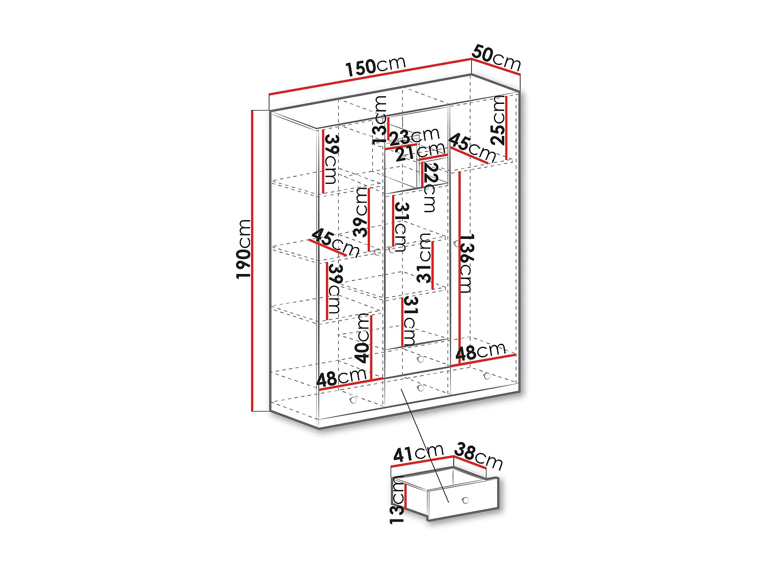 Armadio Tesmonu 100, Bianco|Quercia|Grigio, 190x150x50cm, Porte armadi: Battenti