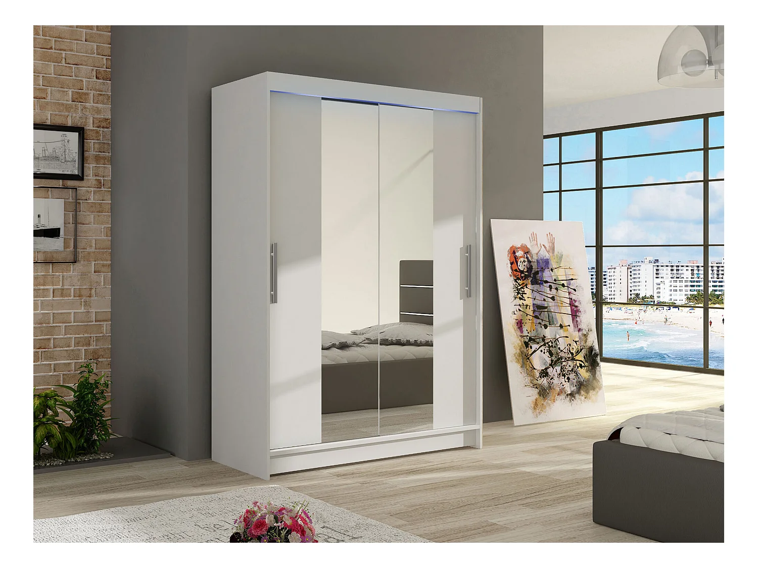 Armario Closico 133, Blanco, 200x120x58cm, Puertas de armario: Correderas