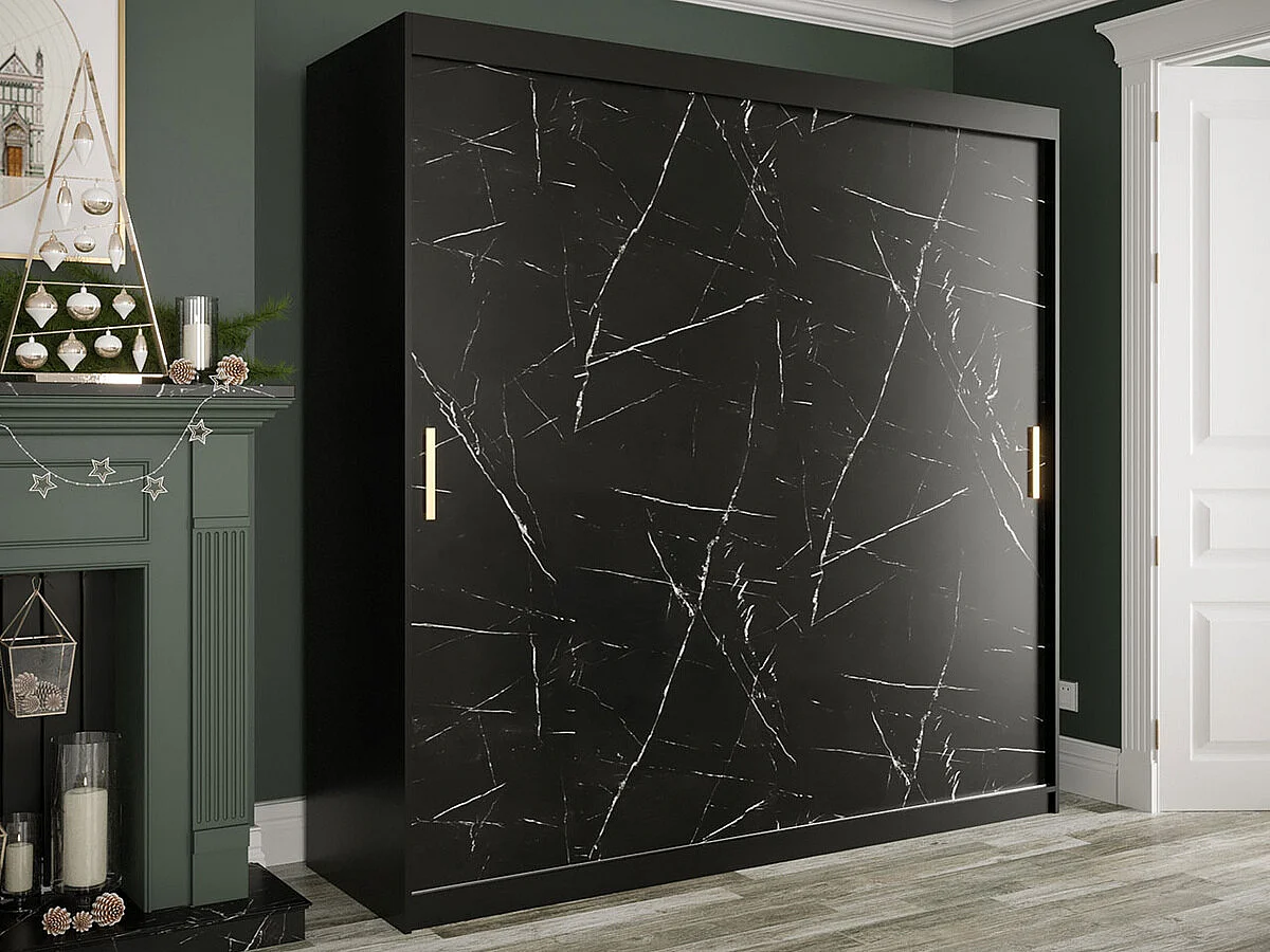 Armadio Hartford 250, Marmo nero|Nero opaco, 200x200x62cm, Porte armadi: Scorrevoli