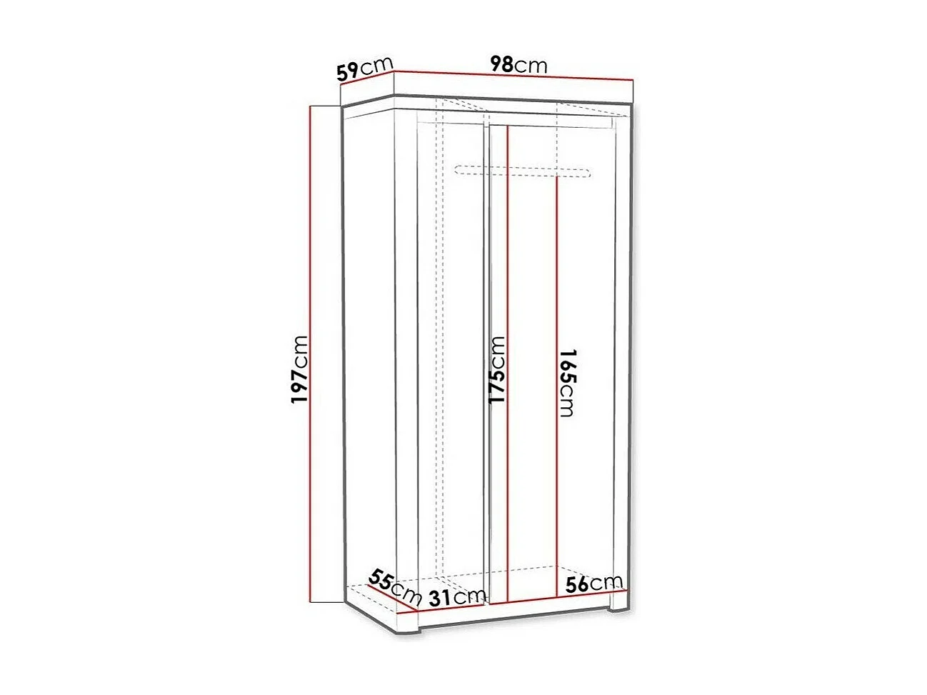 Armario Etrmona 100, Ribbeck roble|Blanco brillante, 197x98x59cm, Número de estantes: 3